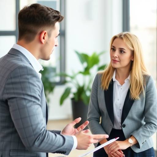 Consultora hablando con un cliente durante una sesi&oacute;n de estrategia empresarial