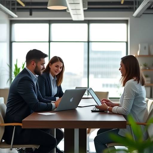 Equipo de consultores trabajando en una estrategia de marketing digital en una oficina