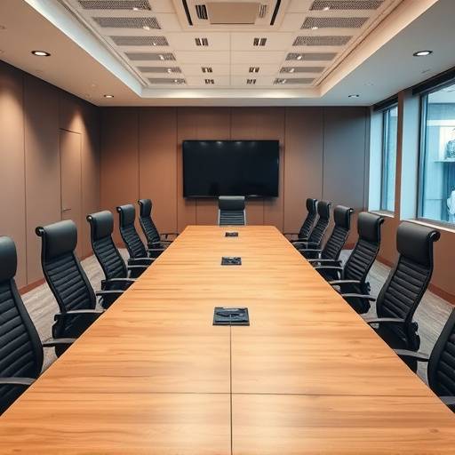 Sala de reuniones con una mesa grande y sillas ergon&oacute;micas, ideal para sesiones de estrategia