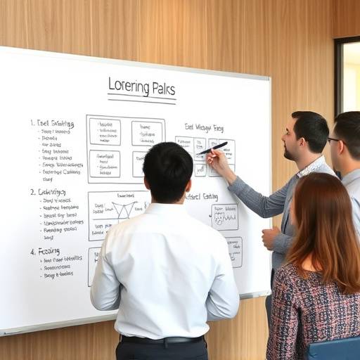 Un consultor explicando estrategias de negocio en una pizarra a un equipo.