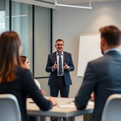Un consultor facilitando un taller de liderazgo para un grupo de directivos.