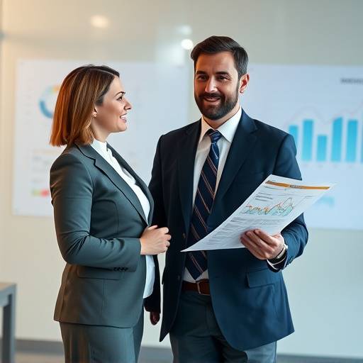Una consultora presentando un informe de an&aacute;lisis de mercado a un cliente.